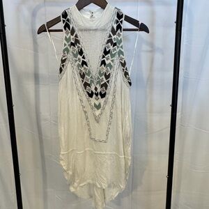 Free People Ivory Tank with Geometric Embroidered V-Neck
